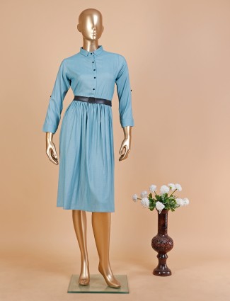 Sky blue color plain dress in cotton