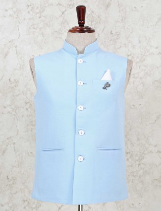 Sky blue color solid cotton silk waistcoat