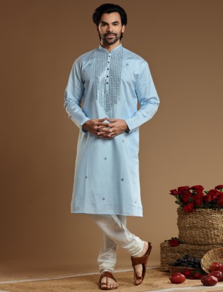 Sky blue cotton silk festive kurta suit for men