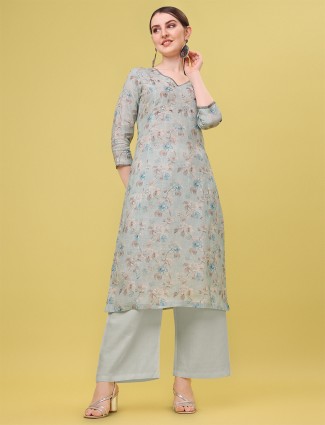 Sky blue printed casual linen kurti
