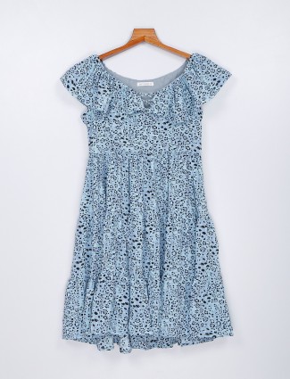 Sky blue printed polyester mini dress