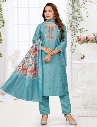 Sky blue salwar suit with printed dupatta