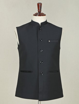 Solid black terry rayon party wear waistcoat for mens