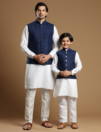 Solid cotton silk father and son waistcoat set in navy