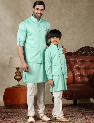 Solid green cotton silk father and son waistcoat set