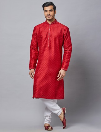 Solid maroon cotton festive wear kurta for mens