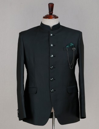 Solid reception wear terry rayon dark green jodhpuri suit