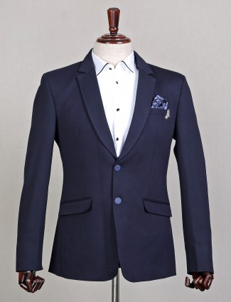Solid style navy hue terry rayon blazer for mens