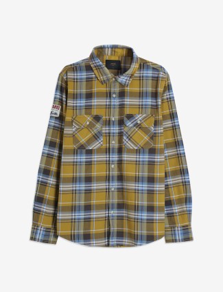 Spykar khaki cotton checks shirt