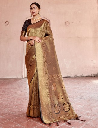 Stately brown kanjivaram silk saree for wedding functions