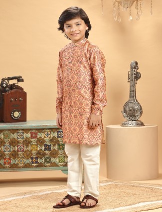 Stunning peach silk printed kurta suit