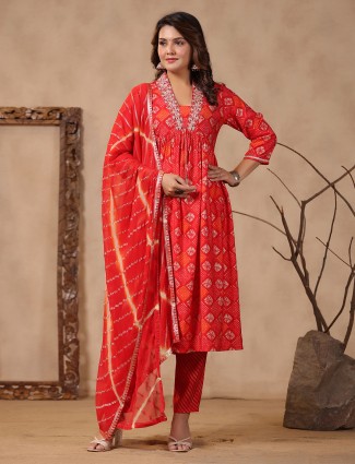 Stunning red cotton printed kurti set