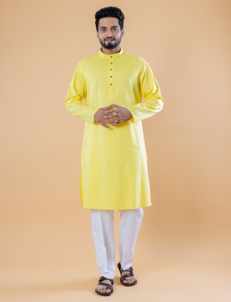 Stylish plain cotton kurta suit in yellow