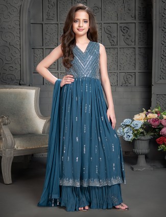 Teal blue georgette palazzo set with dupatta