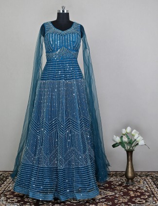Teal blue net wedding functions wear for women