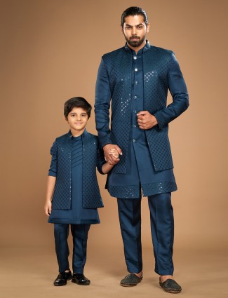 Teal blue silk father and son indowestern