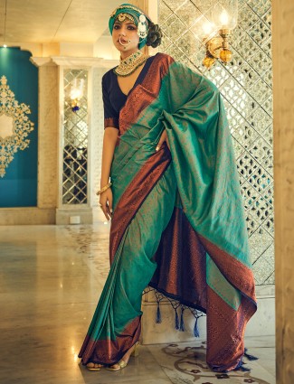 Teal blue silk trendy saree for wedding