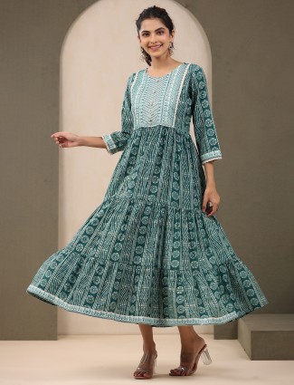 Teal green cotton printed kurti for casual wear
