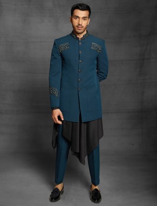 Terry rayon jodhpuri suit in teal blue color
