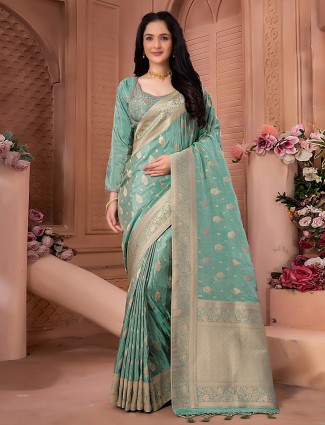 Tissue silk sea green saree for wedding