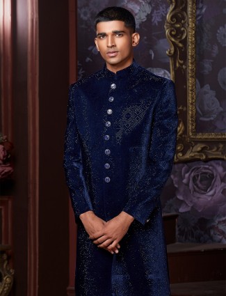 Trending blue velvet fabric indowestern for wedding