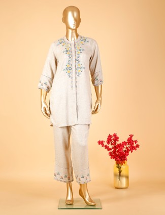Trendy beige cotton embroidery co ord set