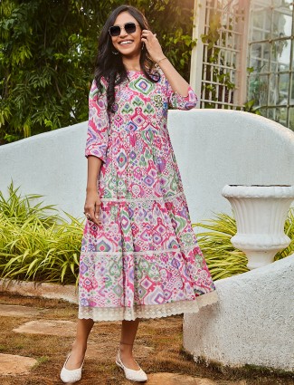 Trendy cream and pink printed silk kurti