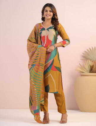 Trendy mutard yellow printed kurti set in silk