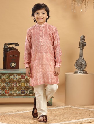 Trendy peach printed silk kurta suit