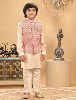 Trendy peach silk printed waistcoat set