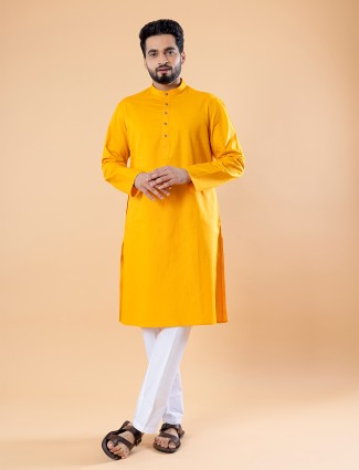 Trendy plain yellow kurta suit in cotton