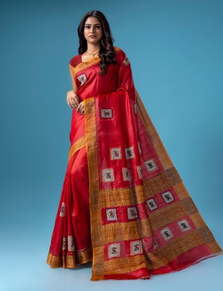 Trendy red tussar silk saree