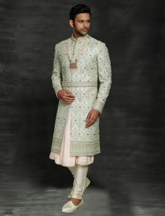 Trendy pista green double layer sherwani in silk for groom