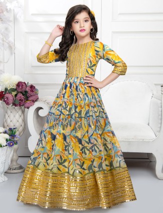 Trendy yellow printed gown in georgette