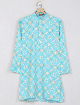 Turquoise blue printed  cotton kurta suit