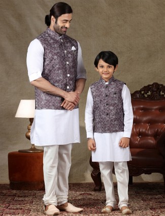 Violet and whiye cotton father and son waistcoat set