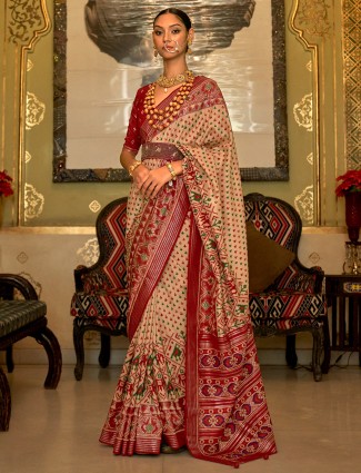 Wedding look beige patola printed silk saree