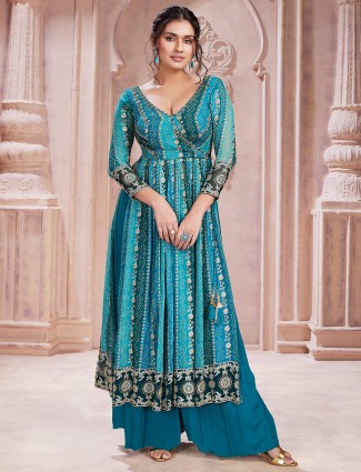 Wedding turquoise blue georgette palazzo suit