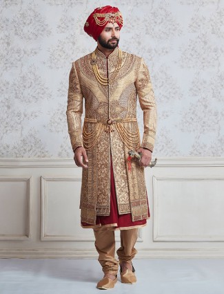 Wedding wear beige and maroon sherwani