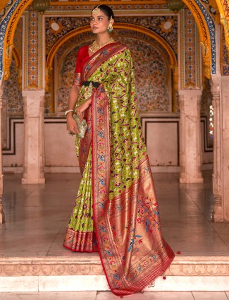 Wedding wear green patola printed silk saree