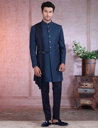 Wedding wear navy silk indo western for men