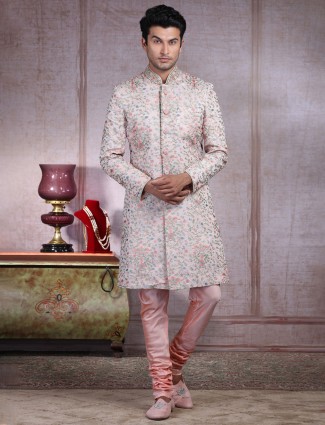 Wedding wear pink raw silk indo western