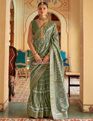 Wedding wear sage green printed saree