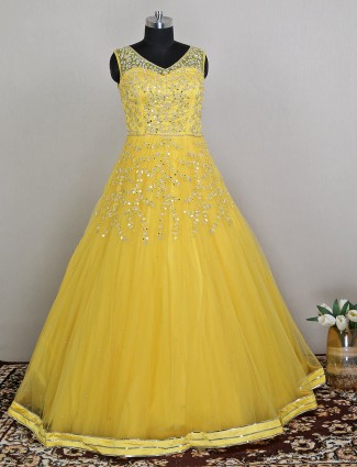Wedding wear yellow net gown