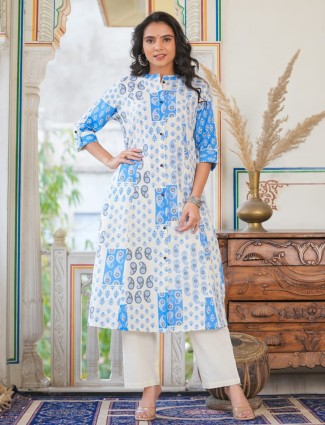 White and blue cotton casual printed kurti