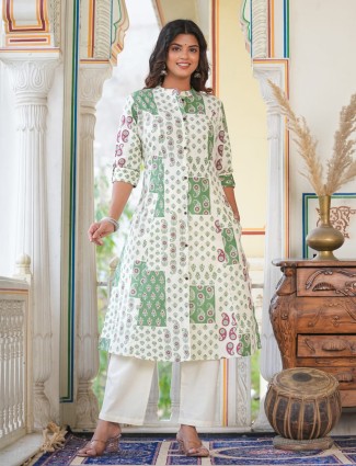 White and green printed cotton kurti