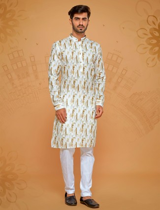 White and khaki printed kurta suit