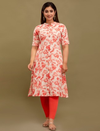 White and red cotton floral printed kurti