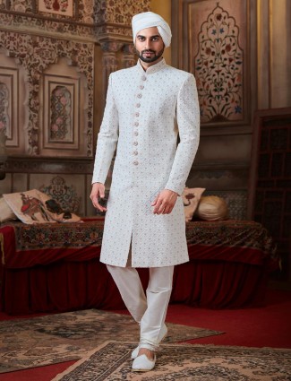 White georgette lakhnavi sherwani with matching churidar