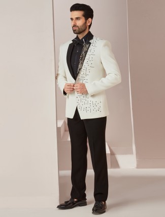 White terry rayon textured coat suit for men